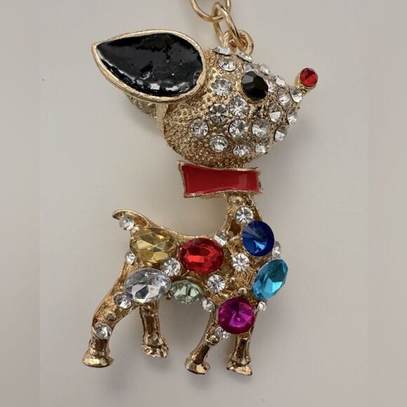 Reindeer Keychain Crystal Rhinestone With Multicolor Gems & Gold Plating - Picture 1 of 5